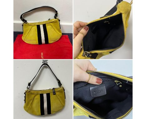 One vintage 1999-2000 small yellow suede zipped sherry-line BALLY top handle handbag with brass hardware and red dust bagCond
