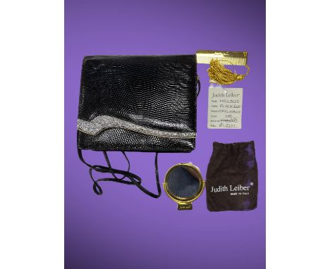 Celebrated American designer JUDITH LEIBER couture, black real lizard skin, diamante encrusted clutch bag with long strap, sm