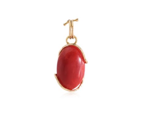 AN ITALIAN MADE RED CORAL PENDANT
Featuring a red coral cabochon measuring approximately 15 x 10mm , mounted in a yellow gold