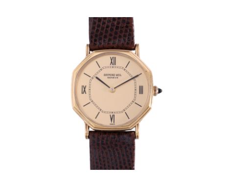 A RAYMOND WEIL GOLD PLATED WATCH Ref 7030, Circa 1980s,  Octagonal gold plated case with stainless steel back, gilt dial with