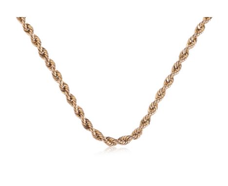 A GOLD ROPE CHAIN NECKLACE
Featuring a yellow gold rope chain marked '14K' to a barrel clasp.
52cm long
14.9g
Ownership State
