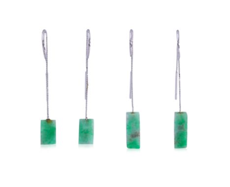 TWO PAIRS OF JADE EARRINGS
Featuring two pairs of jade earrings, attached to unmarked white gold mountings.
Shorter Pair 3.3c