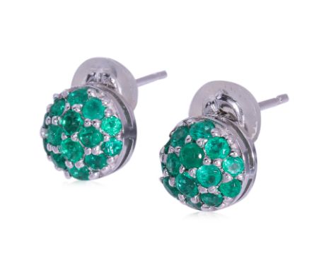 A PAIR OF EMERALD AND DIAMOND 'CLUSTER' EARRINGS
Featuring round cut emeralds totalling approximately 0.60 Cts, mounted in a 