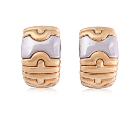 A PAIR OF TWO TONE 'PARENTESI' CLIP-ON EARRINGS BY BVLGARI
Featuring a pair of two tone 'parentesi' clip on earrings, mounted
