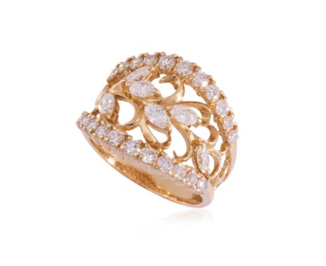 A 'FLOWER MOTIF' DIAMOND RING BY TASAKI
Featuring marquise shaped and round brilliant cut diamonds totalling approximately 1.
