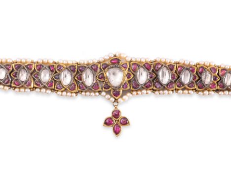 AN ANTIQUE INDIAN WHITE SAPPHIRE, RUBY AND PEARL CHOKER OR HEAD JEWELLERY&nbsp; Circa 19th/20th Century, featuring foil backe