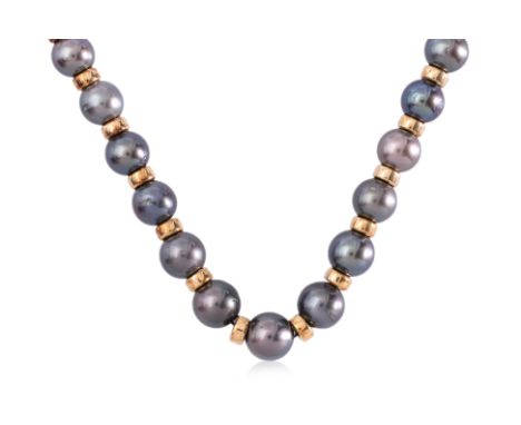 A TAHITIAN CULTURED PEARL NECKLACE WITH GOLD SPACINGS
Featuring Tahitian cultured pearls measuring approximately 7.5-11.0mm, 