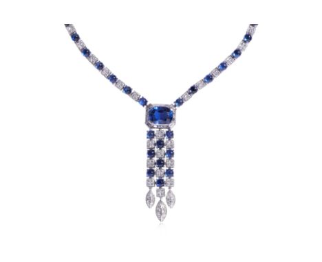 AN UNHEATED SRI LANKAN SAPPHIRE AND DIAMOND NECKLACE BY BULGARI Featuring an oval sapphire weighing approximately 9.85 Cts (m