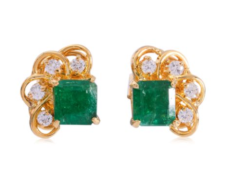 A PAIR OF EMERALD AND DIAMOND STUD EARRINGS
Featuring a pair of emerald cut emeralds totalling approximately 0.80 Cts, mounte