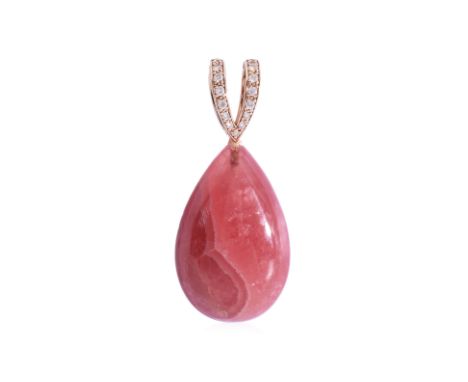 A RHODOCHROSITE AND DIAMOND PENDANT
Featuring a rhodochrosite cabochon weighing approximately 25.82 Cts (marked), mounted to 