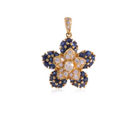 A HIGH KARAT GOLD SAPPHIRE AND DIAMOND 'FLOWER' PENDANT
Featuring a round brilliant cut diamond weighing approximately 0.21 C