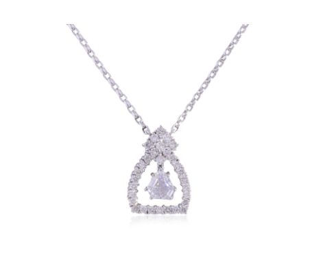 A SHIELD CUT DIAMOND NECKLACE
Featuring a shield cut diamond weighing approximately 0.65 Cts, mounted in a platinum setting m