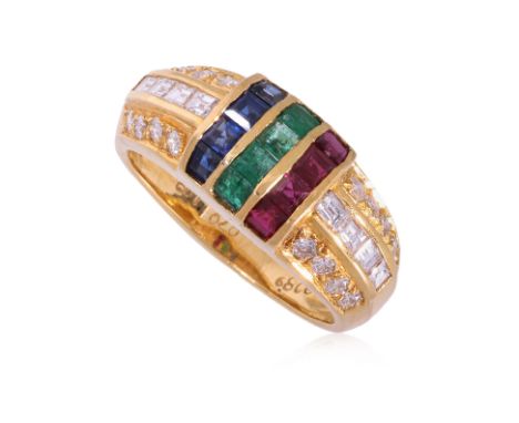 A HIGH KARAT GOLD EMERALD, SAPPHIRE, RUBY AND DIAMOND RING
Featuring square shaped emerald, sapphire and ruby totalling appro