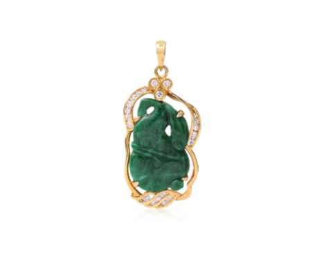 A GREEN STONE AND DIAMOND PENDANT
Featuring a carved green stone, mounted in a yellow gold setting marked '750' '18K', accent