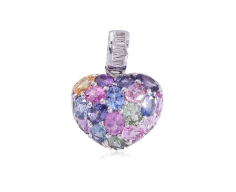 A MULTI-COLOURED SAPPHIRE AND DIAMOND 'HEART' PENDANT
Featuring oval shaped sapphires of various colours totalling approximat