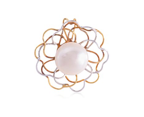 A CULTURED PEARL PENDANT Featuring a cultured pearl measuring approximately 12.4 x 10.8mm, mounted in a two tone metal wirewo