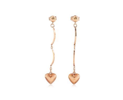 A PAIR OF 'HEART' DANGLE EARRINGS
Featuring a pair of 'heart' dangle earrings mounted in a yellow gold setting marked 'K18' f