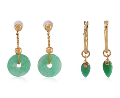 TWO PAIRS OF JADE EARRINGS
Featuring a pair of jade 'disc' drop earrings mounted in yellow gold setting marked 'Au750' for 18