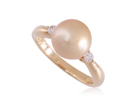 A SOUTH SEA CULTURED PEARL AND DIAMOND RING BY TASAKI
Featuring a golden south sea cultured pearl measuring approximately 9.2