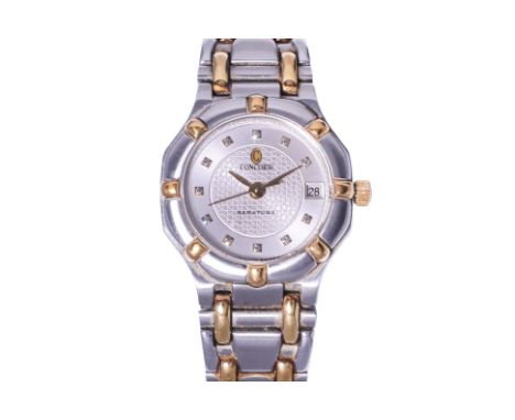 A CONCORD SARATOGA LADY'S DIAMOND SET STEEL AND GOLD BRACELET WATCH
Ref. 15 73 287/1, No.835585, circa 1990s,
Stainless steel