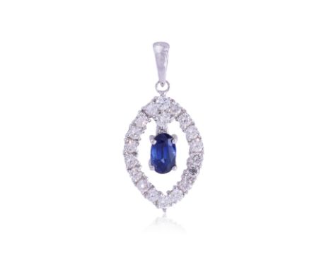 A HIGH KARAT GOLD SAPPHIRE AND DIAMOND PENDANT
Featuring an oval shaped sapphire weighing approximately 0.70 Cts, mounted in 