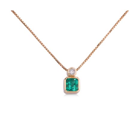 AN EMERALD AND DIAMOND NECKLACE Featuring an square shaped emerald weighing approximately 1.90 Cts (marked), mounted in a yel