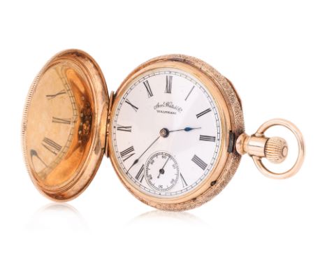 A WALTHAM FULL HUNTER GOLD POCKET WATCH
Late 19th Century, movement No. 3713285, case No. 142679
Engraved 14K case, decorated