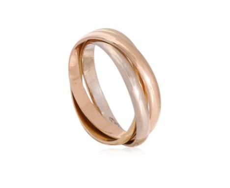 A TRINITY RING BY CARTIER
Featuring a tri-gold trinity ring, signed Cartier, marked '750' for 18K.
US Size 6
5.2g
Ownership S