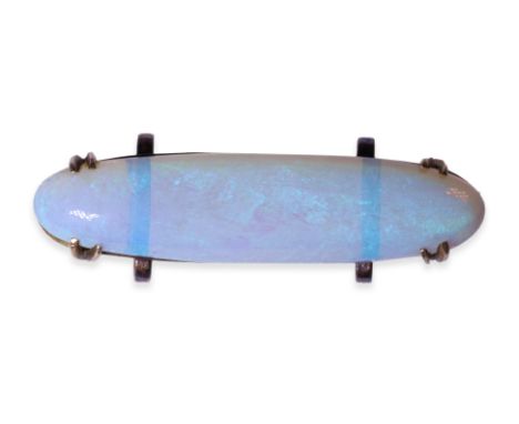 AN ETHIOPIAN OPAL SCARF BUCKLE
Featuring an Ethiopian opal cabochon measuring approximately 39.0 x 9.8 x 5.8mm, mounted in a 