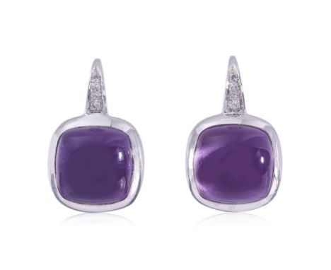 A PAIR OF AMETHYST AND DIAMOND EARRINGS BY BUCHERER
featuring a pair of amethyst cabochons mounted in a white gold setting ma
