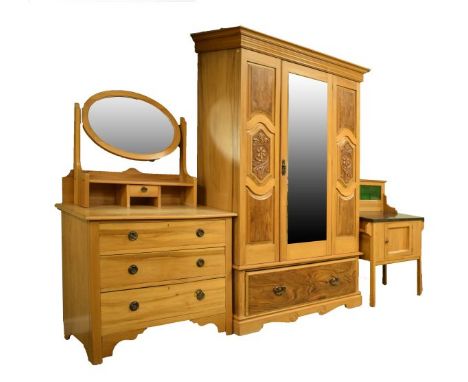 Matched Edwardian satin walnut three piece bedroom suite comprising: wardrobe fitted bevelled mirror panel door flanked by ca