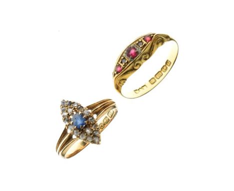 18ct gold ring set sapphire coloured stone and diamonds, size K, together with an 18ct gold ring set ruby coloured stones and