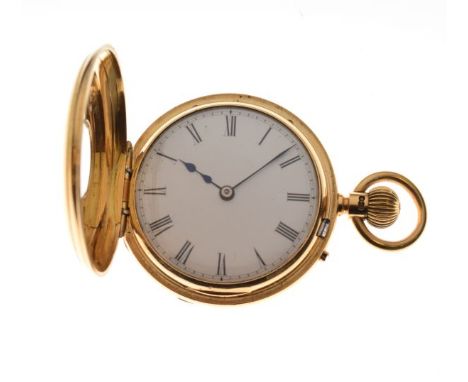 Early 20th Century lady's 18ct gold cased key wind half hunter fob watch, the white enamel dial with Roman numerals, 51g appr