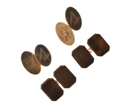 Pair of 9ct gold cufflinks with engraved Masonic decoration, together with another pair with engine turned decoration, combin