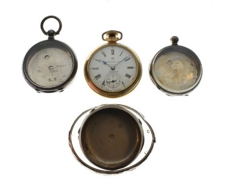 Modern Ingersoll gilt brass cased top wind pocket watch, three white metal pocket watch cases and a silver bangle   Condition