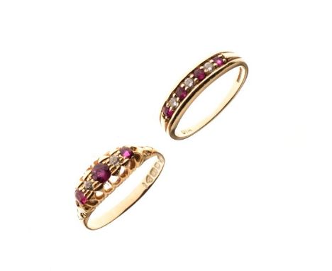 18ct gold ring set ruby coloured stones and diamonds, size Q, together with a similar 9ct gold ring, size P   Condition: 