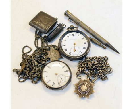 Two silver cased pocket watches, silver curb link albert, Edward VII silver vesta case, Chester 1904, Morden & Co engine turn