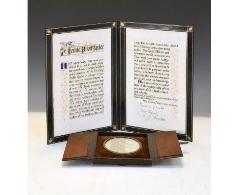 Early 20th Century tooled leather bound illuminated manuscript to Gerald Elliott Taylor from the Officers and Committee of th