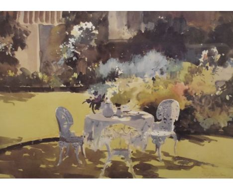 John Yardley - Signed limited edition print - A garden view with table and chairs, signed in pencil, 40cm x 52cm, framed and 
