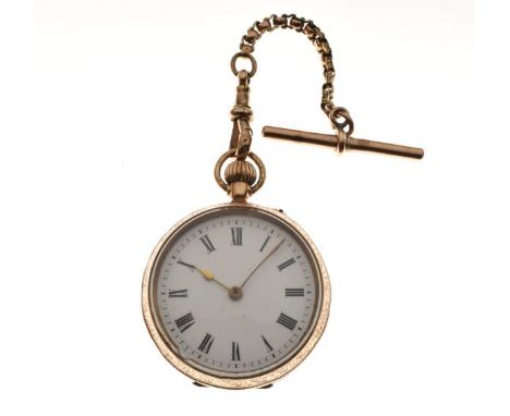 Early 20th Century lady's engraved yellow metal cased top wind fob watch stamped 14k, the white enamel dial with Roman numera