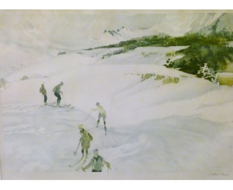 Sir William Russell Flint - Signed limited edition coloured print - Winter Sport, signed in pencil and with blind stamp, 33cm