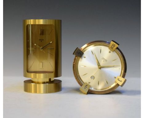 Mid 20th Century Swiza gilt brass cased cylindrical alarm clock, together with a similar circular calendar alarm clock   Cond