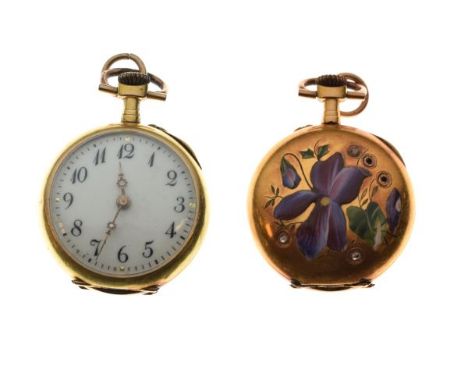 Early 20th Century lady's yellow metal and enamel cased top wind fob watch stamped 18k, the white enamel dial with Arabic num