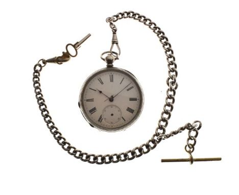 Early 20th Century white metal cased key wind pocket watch, the white enamel dial with Roman numerals and subsidiary seconds 