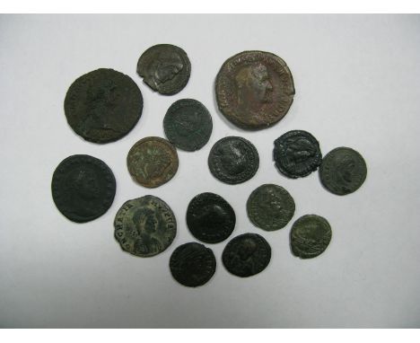 Fifteen Roman Bronze Coins Crispus, Constans  Valontinius, Domitian Dupondius (needs cleaning) maximinus - maximinus sesterti