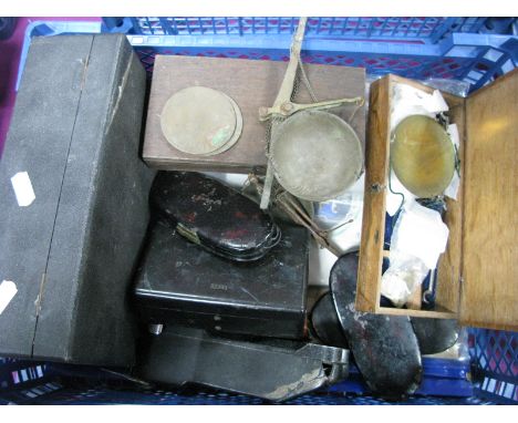 A Quantity of Scales and Weights, including 3 coin scales in Japanned boxes, 3 apothecary scales, box for folding scale.