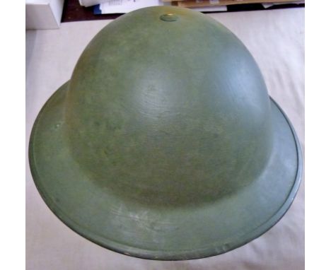 British WWII MK Brodie Tin Hat helmet, green painted with excellent in-liner and chinstrap