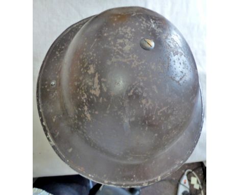 British WWII MKII Brodie Tin Hat Helmet, brown paint with excellent in-liner and chin strap.