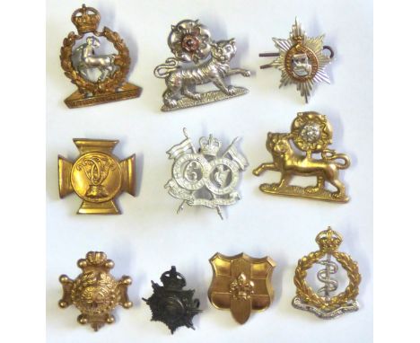 British Mixed Collar badge collection (10) Including: Army Medical Corps, Leicester Regiment, Royal Veterinary Corps etc. Goo