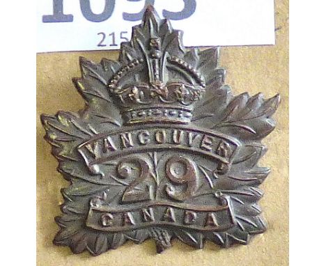 Canada - 29th Infantry Battalion (The Vancover BN) Officers Cap Badge, Bronze KC